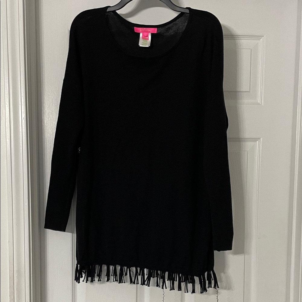 Lily Pulitzer Black Fringe Sweater with Gold Buttons on each side